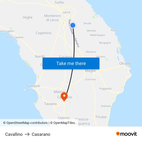 Cavallino to Casarano map