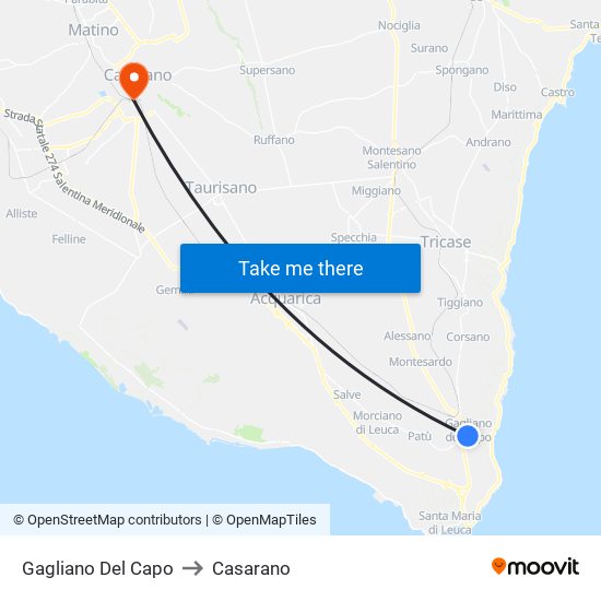 Gagliano Del Capo to Casarano map