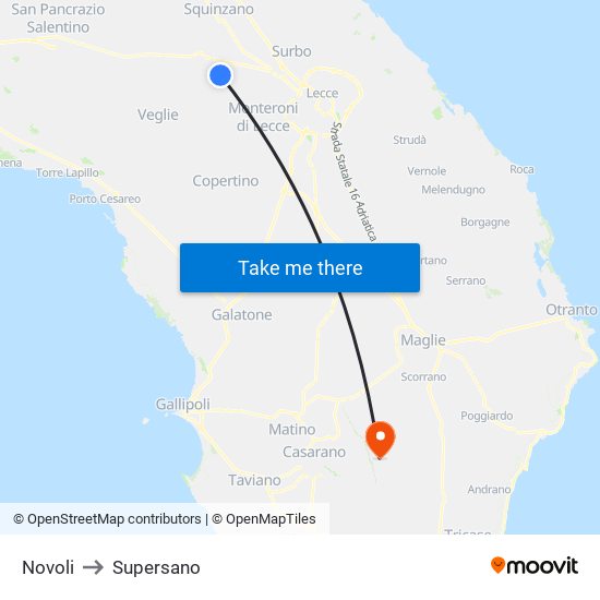 Novoli to Supersano map