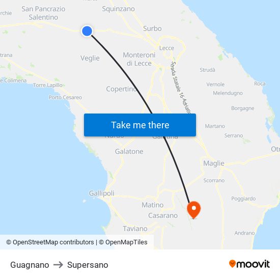 Guagnano to Supersano map