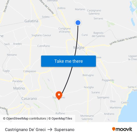 Castrignano De' Greci to Supersano map