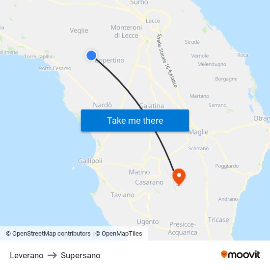 Leverano to Supersano map