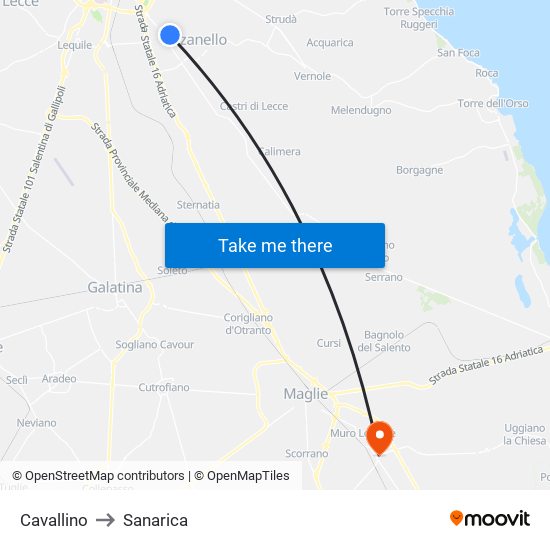 Cavallino to Sanarica map