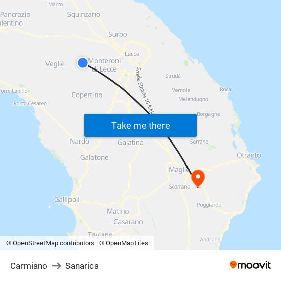 Carmiano to Sanarica map