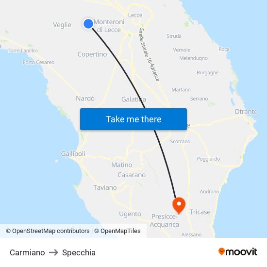 Carmiano to Specchia map