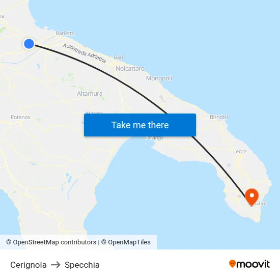 Cerignola to Specchia map