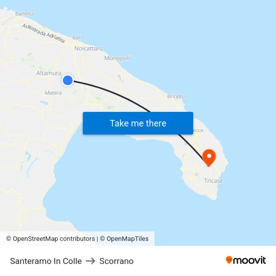 Santeramo in Colle to Scorrano map