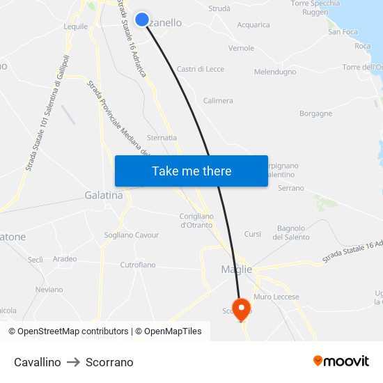 Cavallino to Scorrano map