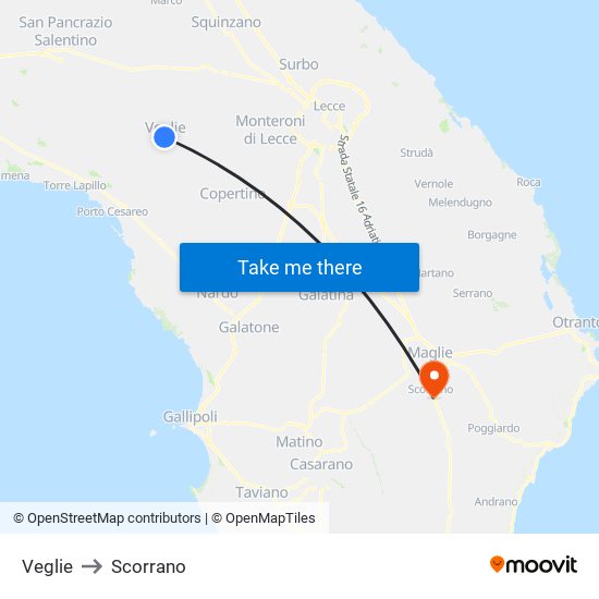 Veglie to Scorrano map