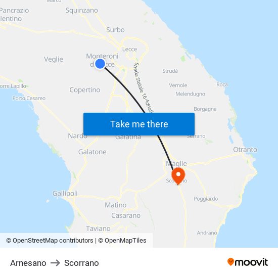 Arnesano to Scorrano map