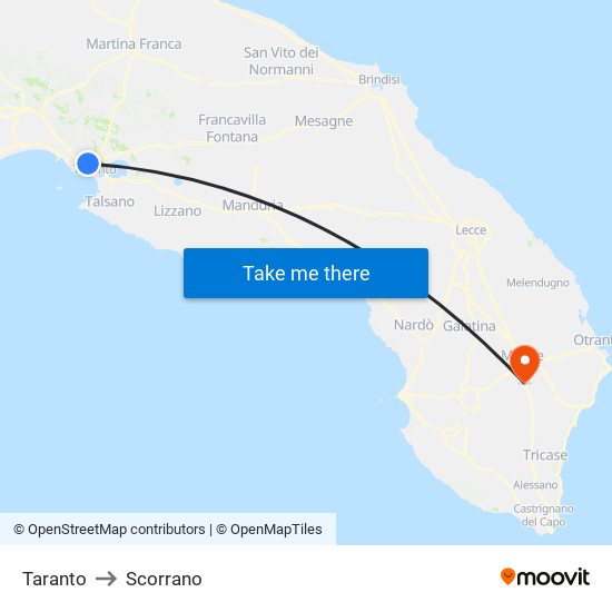 Taranto to Scorrano map