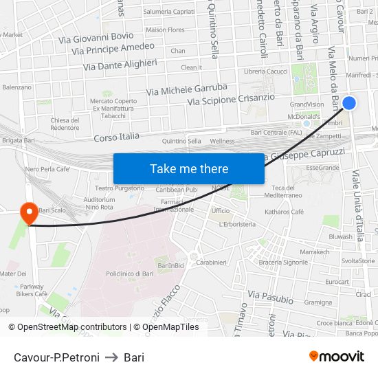 Cavour-P.Petroni to Bari map