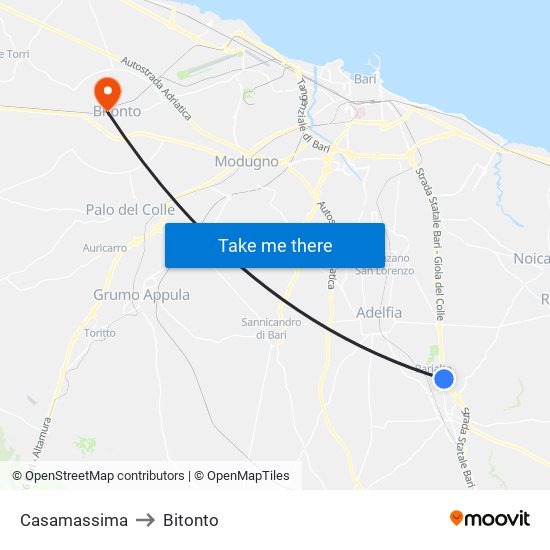 Casamassima to Bitonto map