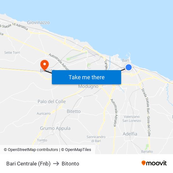Bari Centrale (Fnb) to Bitonto map