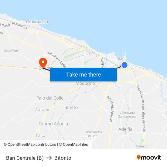 Bari Centrale (B) to Bitonto map