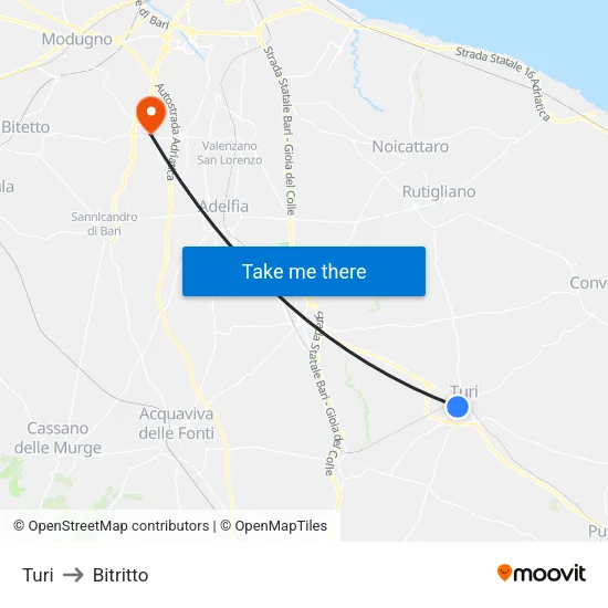 Turi to Bitritto map