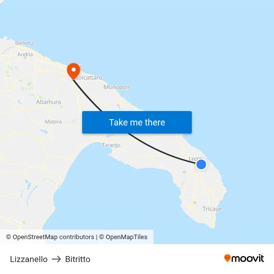 Lizzanello to Bitritto map