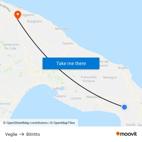 Veglie to Bitritto map