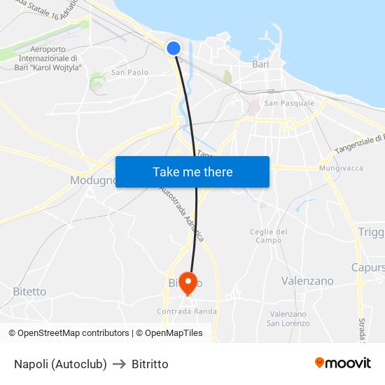 Napoli (Autoclub) to Bitritto map