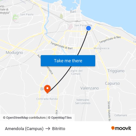 Amendola (Campus) to Bitritto map