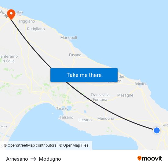 Arnesano to Modugno map