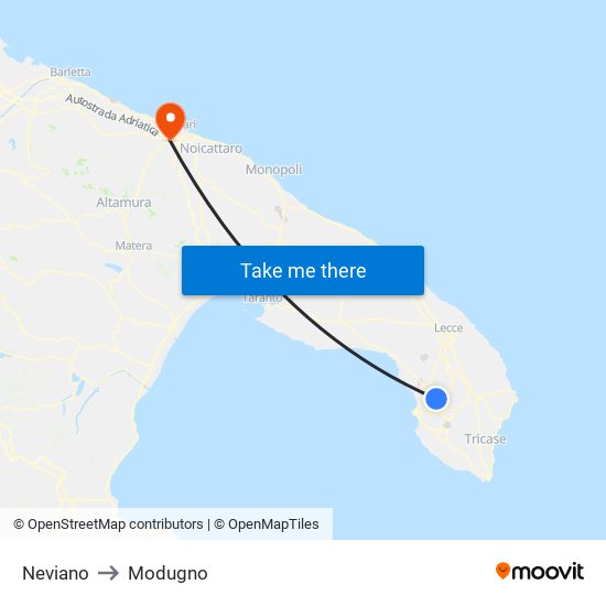 Neviano to Modugno map