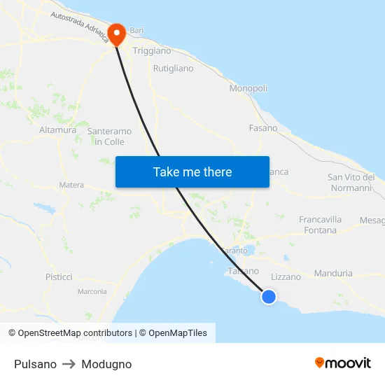 Pulsano to Modugno map