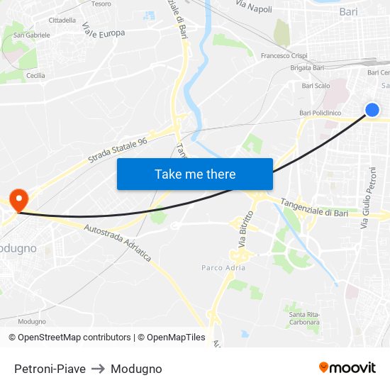 Petroni-Piave to Modugno map