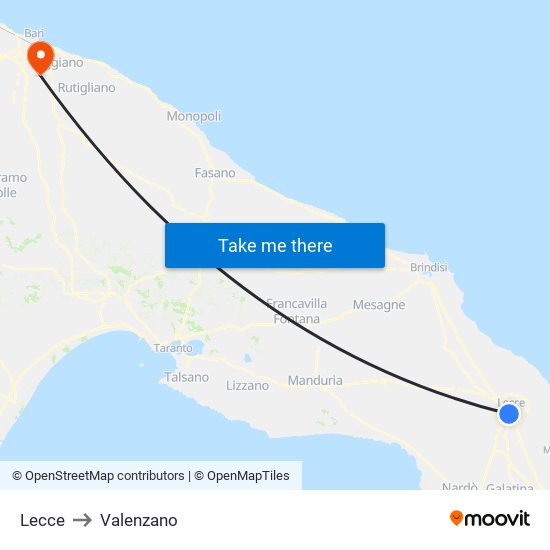Lecce to Valenzano map
