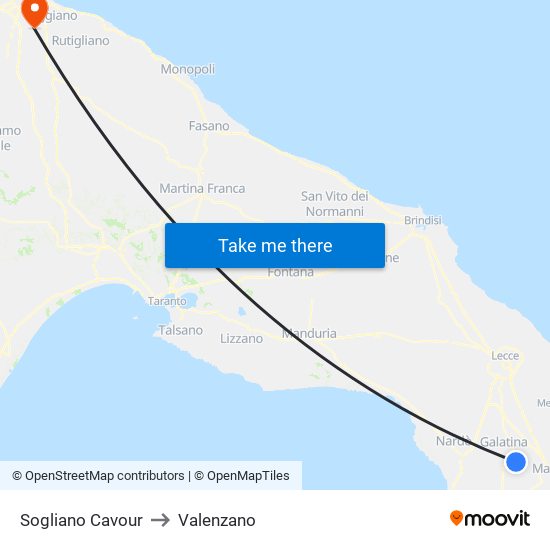 Sogliano Cavour to Valenzano map