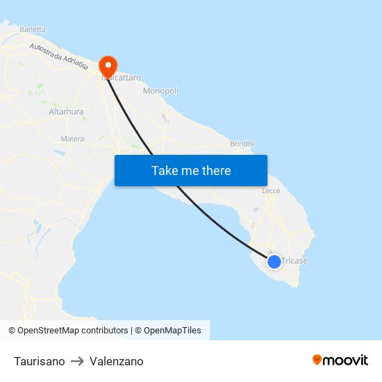 Taurisano to Valenzano map