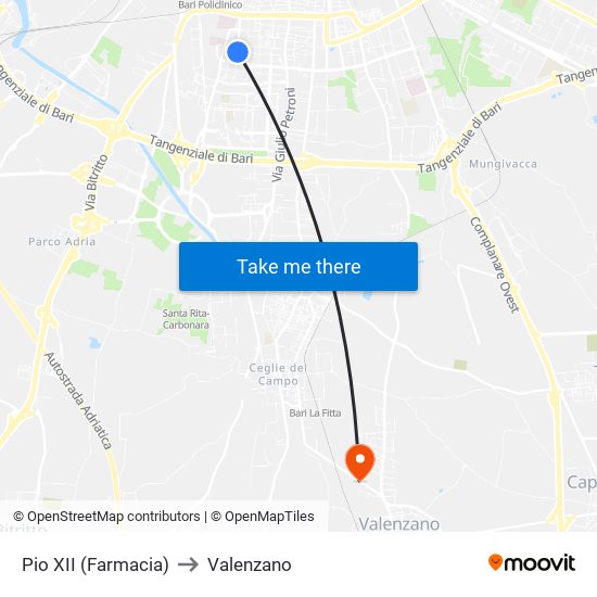 Pio XII (Farmacia) to Valenzano map