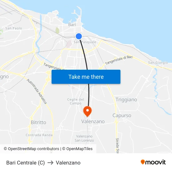 Bari Centrale (C) to Valenzano map