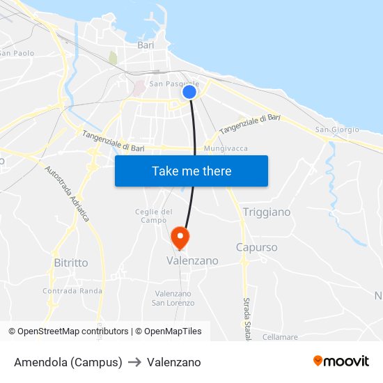 Amendola (Campus) to Valenzano map