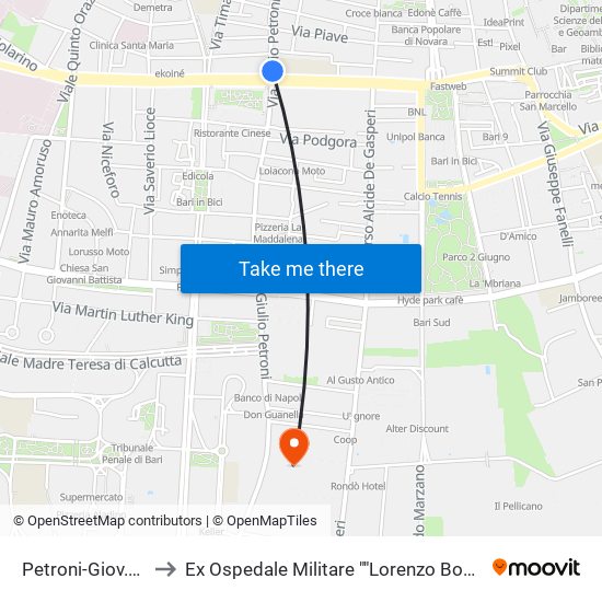 Petroni-Giov.Xxiii to Ex Ospedale Militare ""Lorenzo Bonomo"" map