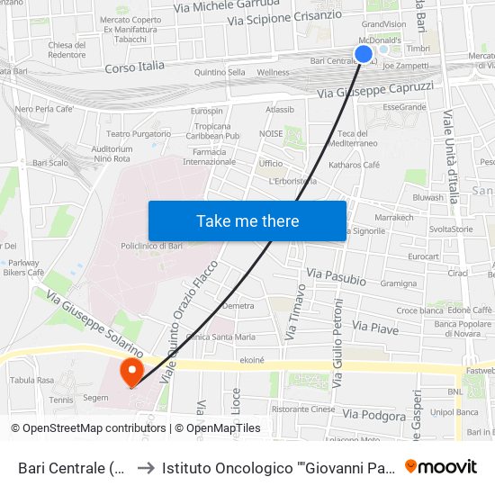 Bari Centrale (Fnb) to Istituto Oncologico ""Giovanni Paolo Ii"" map