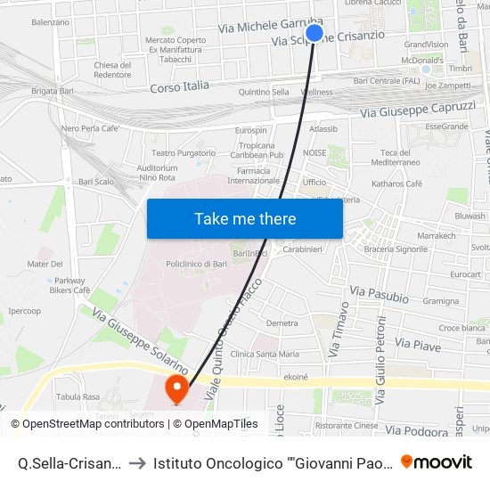 Q.Sella-Crisanzio to Istituto Oncologico ""Giovanni Paolo Ii"" map