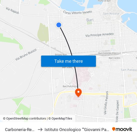 Carboneria-Regina to Istituto Oncologico ""Giovanni Paolo Ii"" map