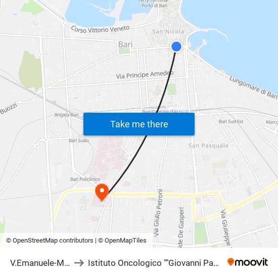 V.Emanuele-Melo to Istituto Oncologico ""Giovanni Paolo Ii"" map