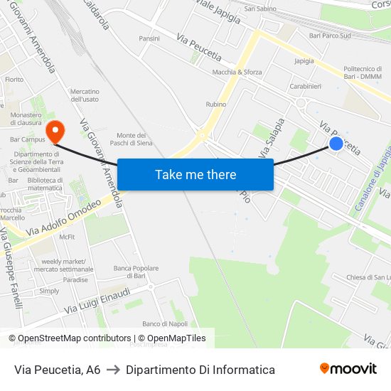 Via Peucetia, A6 to Dipartimento Di Informatica map