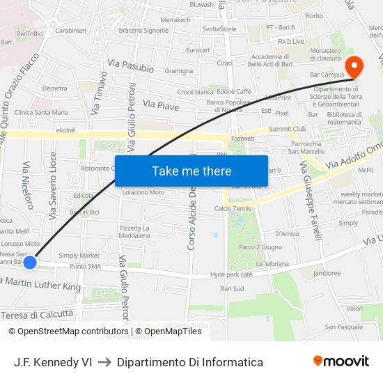 J.F. Kennedy VI to Dipartimento Di Informatica map