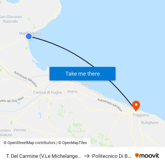 T. Del Carmine (V.Le Michelangelo) to Politecnico Di Bari map
