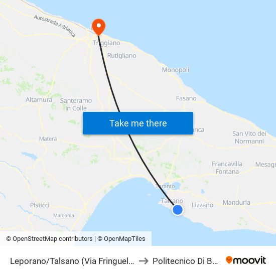 Leporano/Talsano (Via Fringuelli) to Politecnico Di Bari map