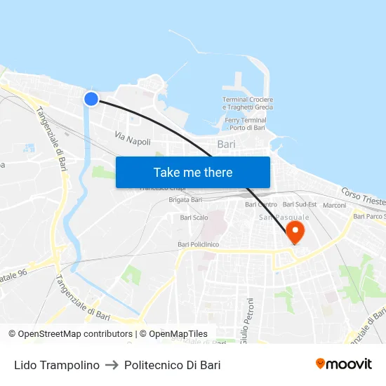 Lido Trampolino to Polytechnic of Bari map