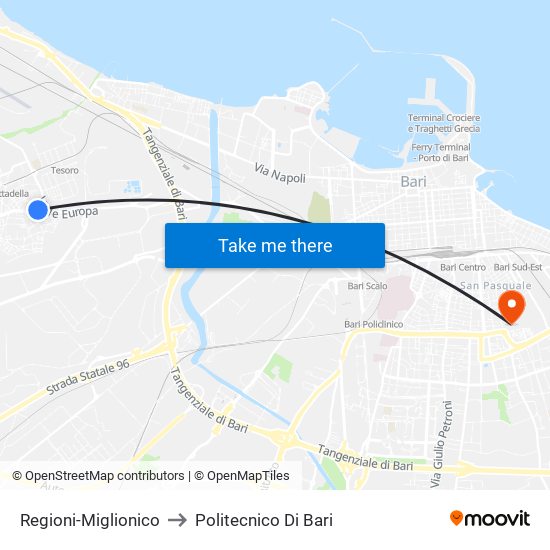 Regioni-Miglionico to Politecnico Di Bari map