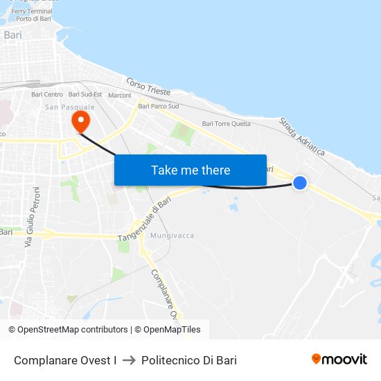 Complanare  Ovest I to Politecnico Di Bari map