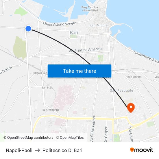 Napoli-Paoli to Politecnico Di Bari map