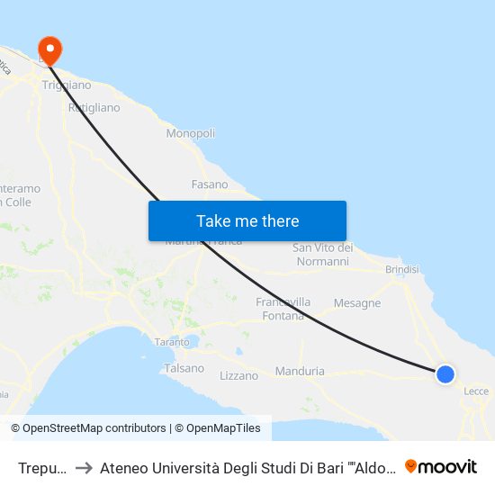 Trepuzzi to Ateneo Università Degli Studi Di Bari ""Aldo Moro"" map