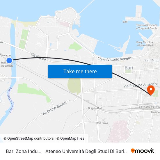 Bari Zona Industriale to Ateneo Università Degli Studi Di Bari ""Aldo Moro"" map