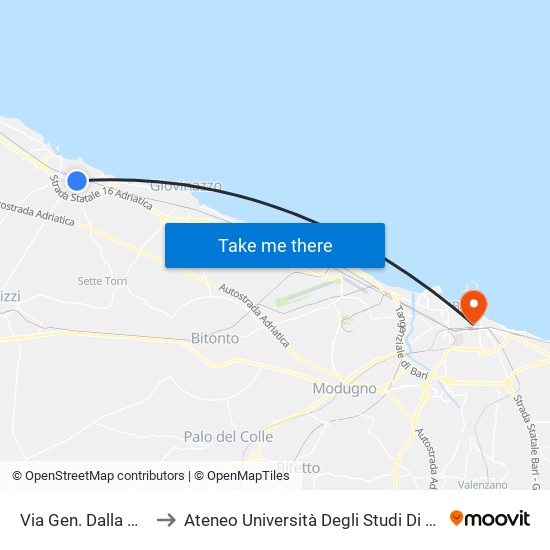 Via Gen. Dalla Chiesa, 74 to Ateneo Università Degli Studi Di Bari ""Aldo Moro"" map